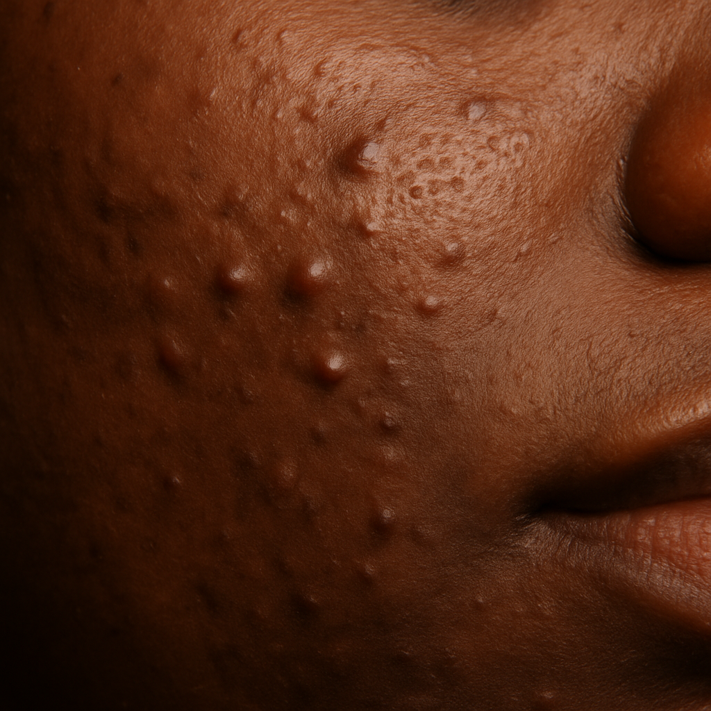 Close-up of a person's face with visible pores and skin texture.