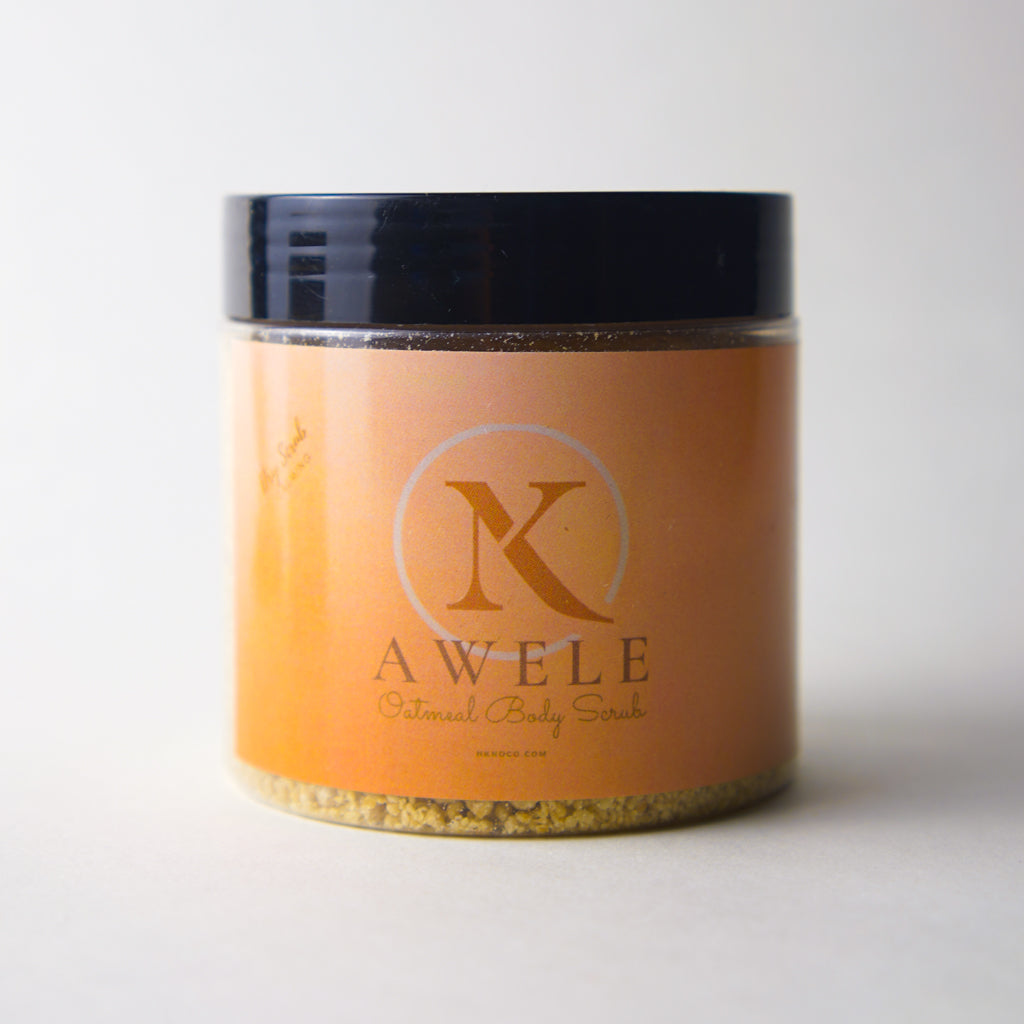 Jar of NK&Co Awele oatmeal body scrub on a white background