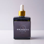 Bottle of "Nwabugo" Beard OIl with a dropper on a light gray background