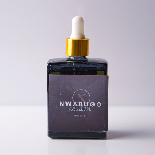 Bottle of "Nwabugo" Beard OIl with a dropper on a light gray background