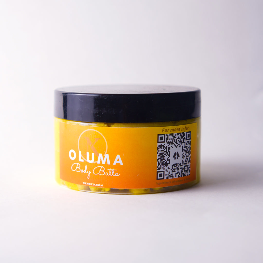Jar of Oluma body butter with a QR code on a white background