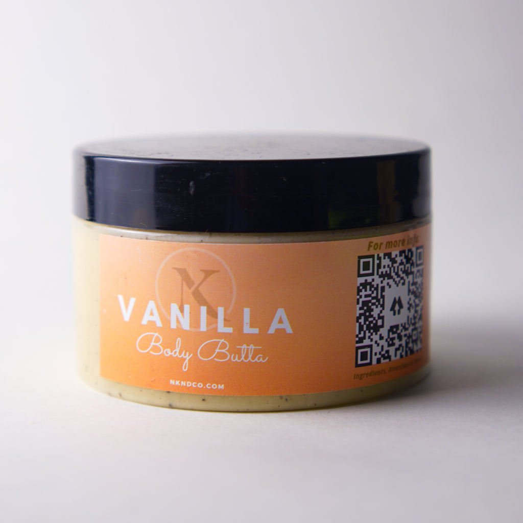Jar of 8oz Vanilla Body Butter with a QR code on an orange label against a white background